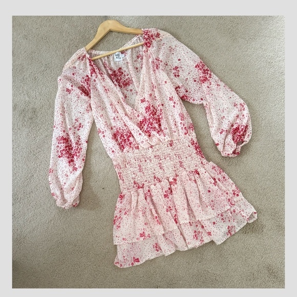 Princess Polly Mini Dress Flirty Smocked Waist Long Sheer Sleeves Tiered Skirt 6 - Picture 6 of 13